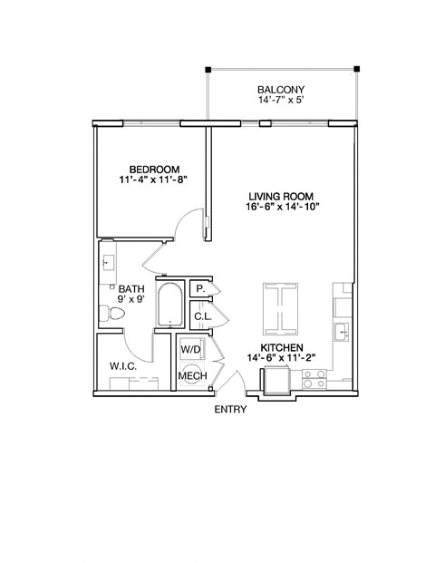 Floor plan for 1 bed, 1 bath, 795 sqft